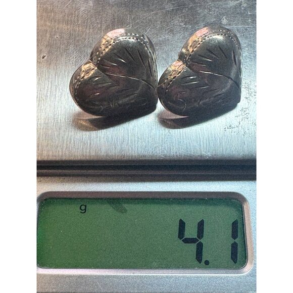 Vintage Estate Sterling Silver 925 Heart Engraved Stud Earrings 4.1g EZ Backs - Picture 8 of 8